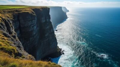 Image d'une vue panoramique depuis le sommet du Rocher du Diamant avec des falaises impressionnantes et une mer brillante