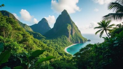 Vue spectaculaire des Pitons du Carbet surplombant la forêt tropicale en Martinique.