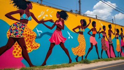 Image d'une fresque colorée illustrant des danseurs de zouk en pleine effervescence.