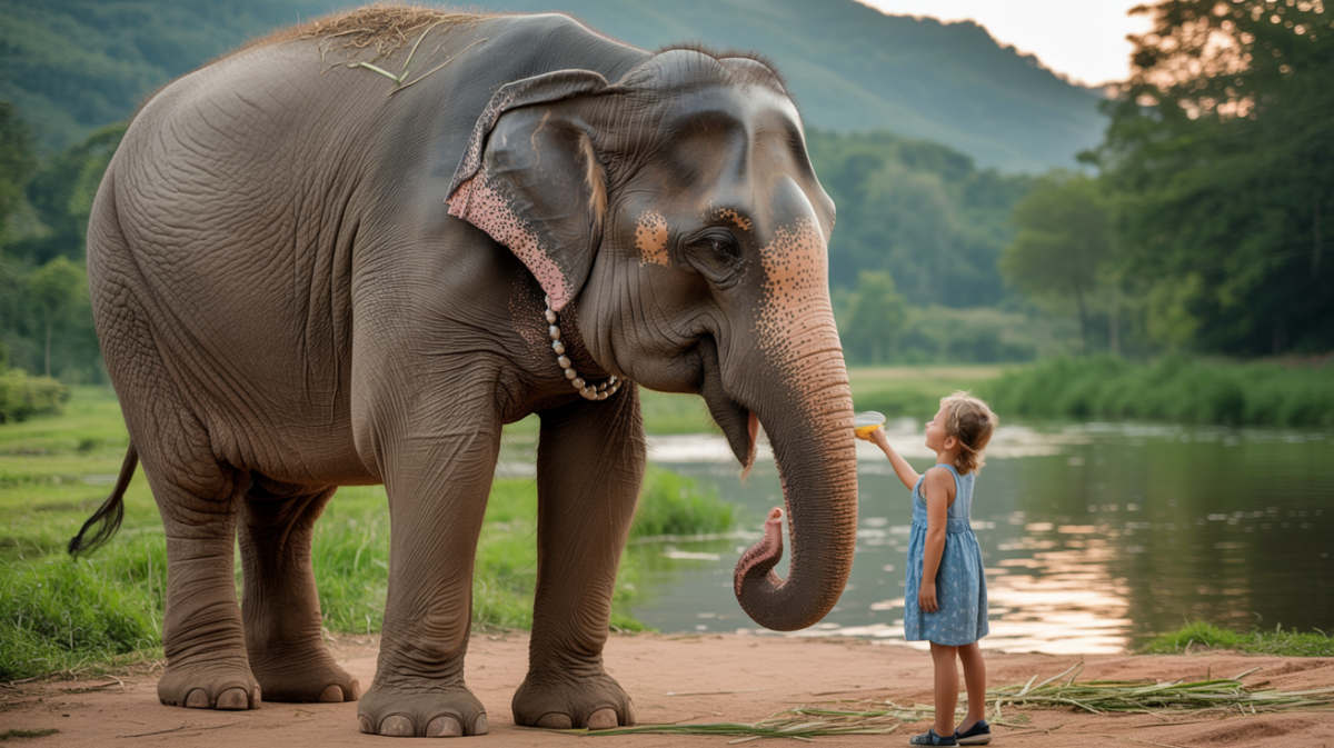 enfant nourrissant un éléphant dans un sanctuaire éthique près de Chiang Mai