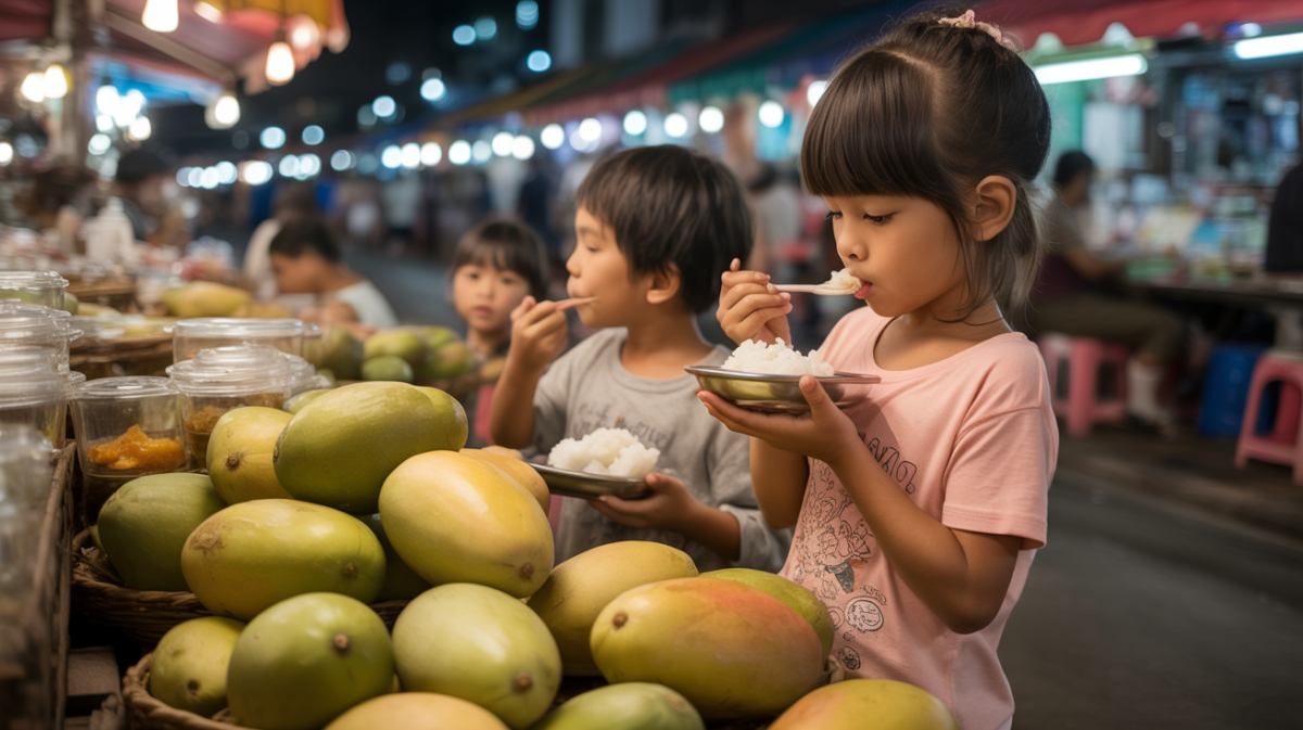 enfants dégustant du mango sticky rice sur un marché nocturne thaïlandais.