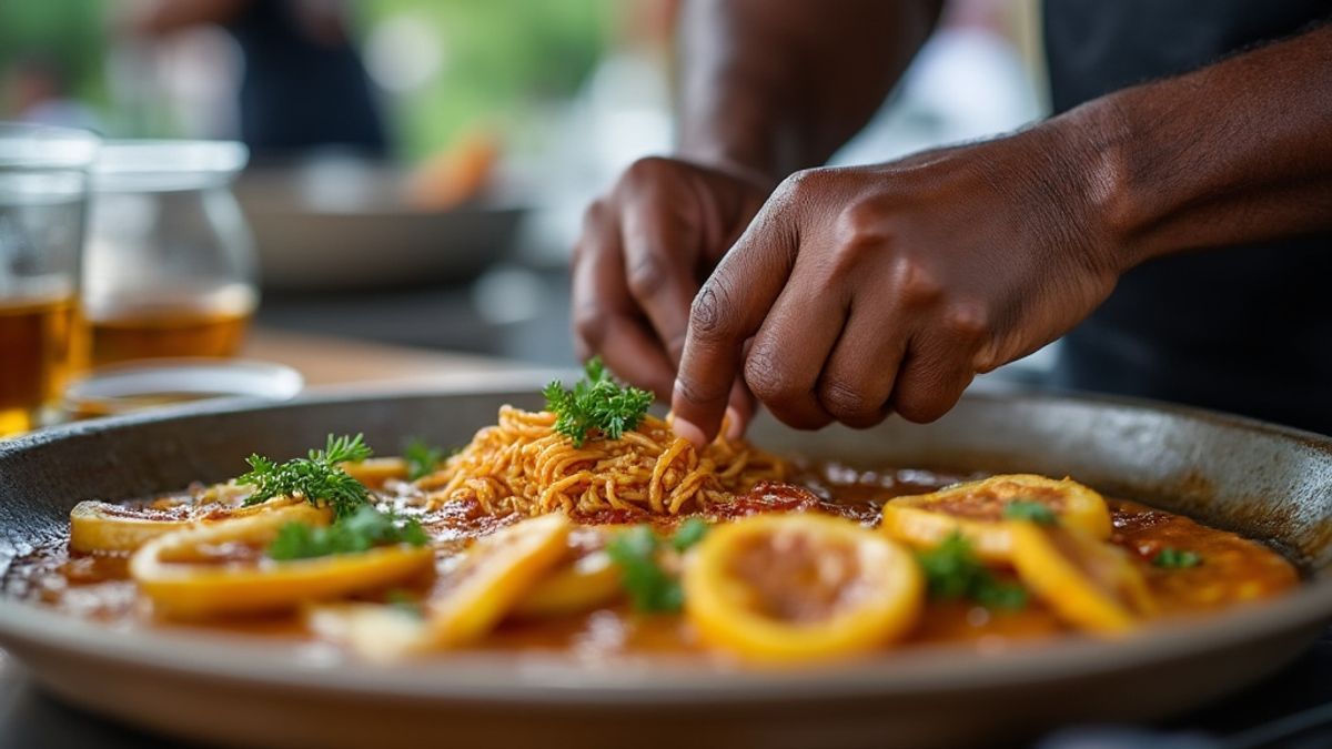 Cuisine guadeloupéenne raffinée avec des mains expertes à l'œuvre pendant l'événement