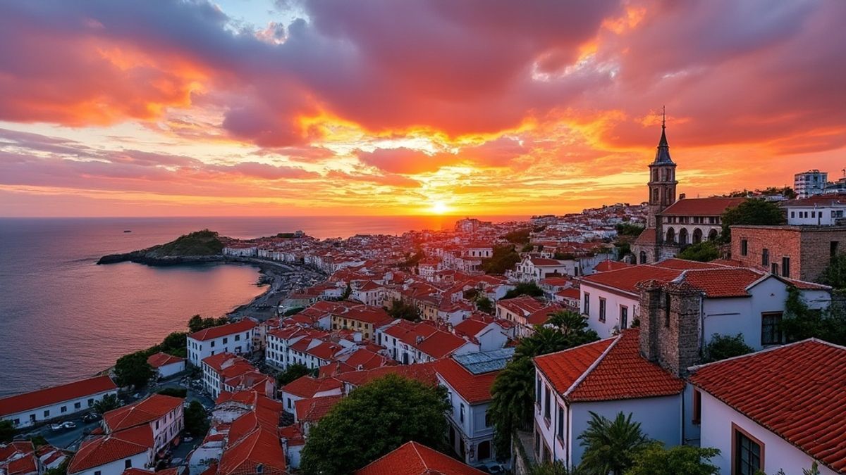 Vue pittoresque de Saint-Pierre avec ses structures historiques sous un coucher de soleil flamboyant.