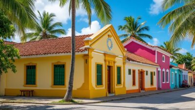 Photo d'une architecture créole colorée avec des palmiers en fond en Martinique