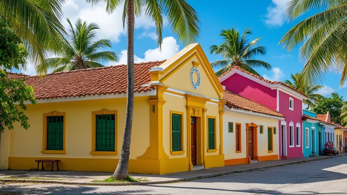 Photo d'une architecture créole colorée avec des palmiers en fond en Martinique