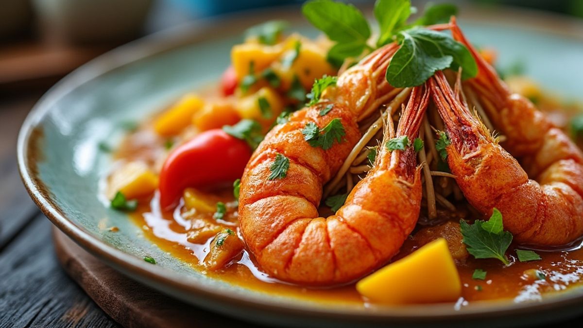 Détail culinaire d'un plat guadeloupéen avec fruits de mer frais et saveurs tropicales