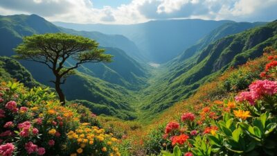 Vue panoramique de la flore luxuriante autour de la Montagne Pelée illustrant la beauté résistante de la nature