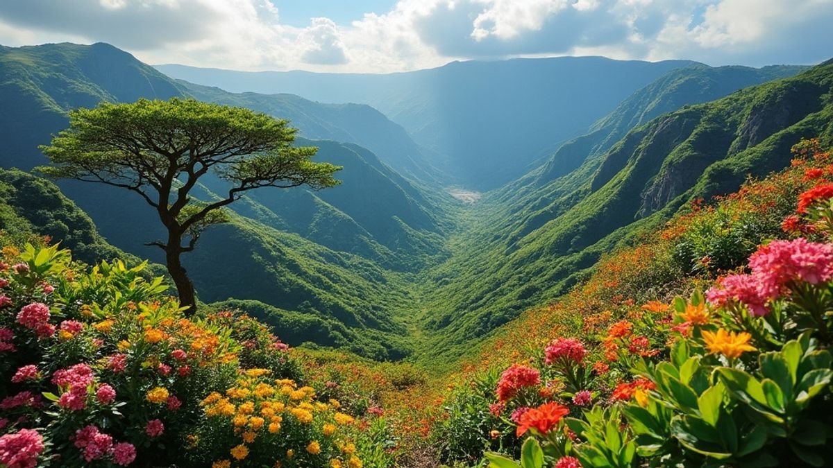 Vue panoramique de la flore luxuriante autour de la Montagne Pelée illustrant la beauté résistante de la nature