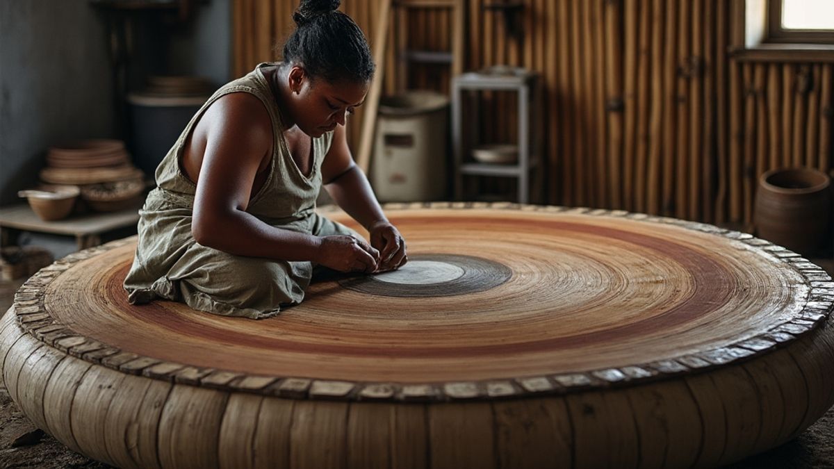 Vue artistique des artisans construisant une yole ronde traditionnelle en Martinique.