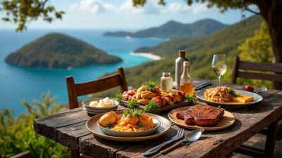 Table rustique avec cuisine locale et vue sur les îles de Les Saintes