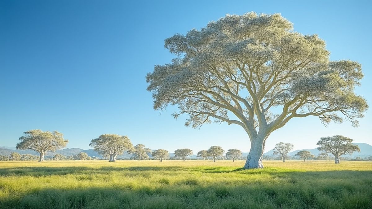 Paysage panoramique avec des gommiers blancs et un ciel bleu clair.