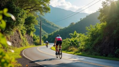 Des cyclistes parcourant les routes sinueuses entourées de la végétation dense de la Guadeloupe.